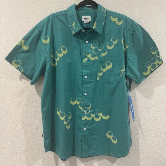 Obey 100% Organic Cotton Bubble Mens Turquoise Teal Blue Button Up Shirt L - Picture 1 of 11